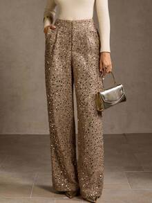 MOTF PREMIUM 亮片斜口袋西装裤 - 卡其色 - 查看 3