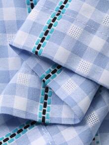 DAZY طقم ملابس نسائي مكون من 3 قطع للعطلات والشاطئ: قميص كامي بتصميم شبكي ملون، بنطال ساق مستقيمة، وتي شيرت شفاف للتغطية، مناسب للصيف والربيع - الأزرق - مشاهدة 8