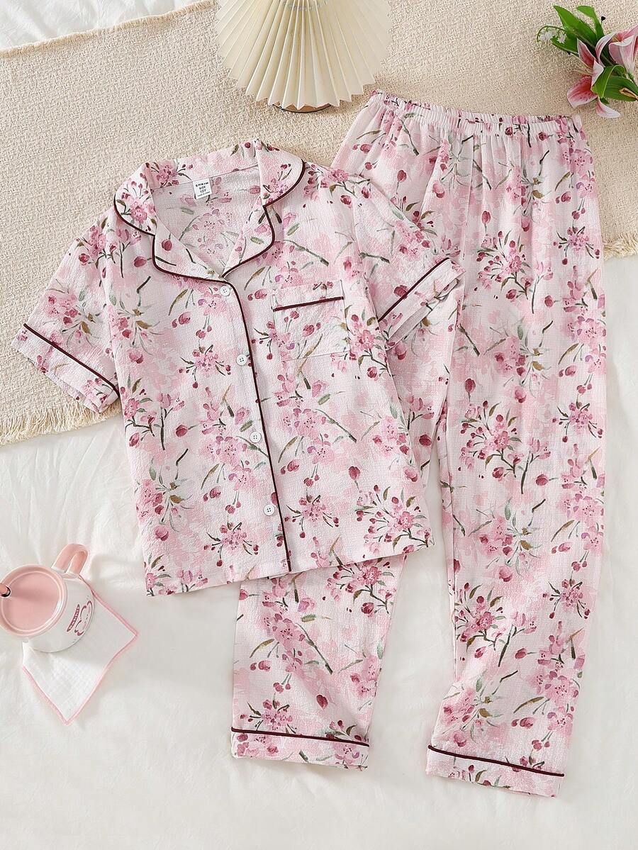 女童花卉泡泡格纹印花翻领开衫和裤子休闲轻便套装，春夏家居服 - 彩色 - 查看 1