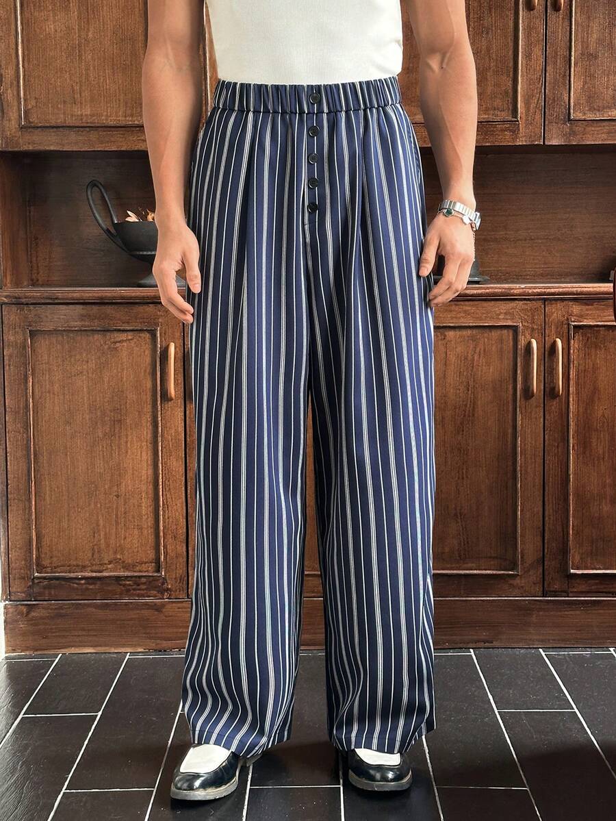 SWAVVY Men's Button Design Elastic Waist Pleated Striped Wide Leg Pants - Baby Blue - View 1