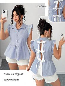 Elenzga Camisa azul a rayas con lazo en la espalda, elegante, de moda, casual, para vacaciones y para ir al trabajo - Azul - Ver 1