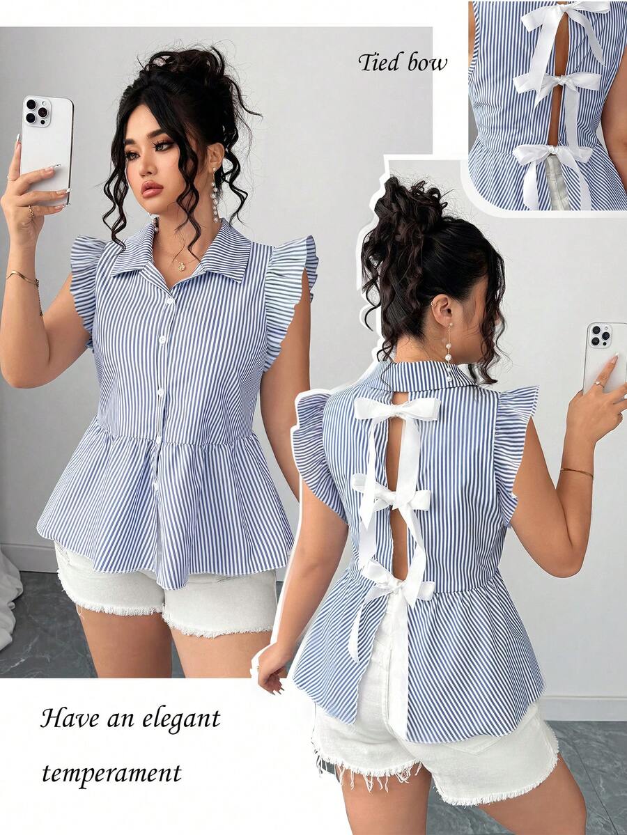 Elenzga Camisa azul a rayas con lazo en la espalda, elegante, de moda, casual, para vacaciones y para ir al trabajo - Azul - Ver 1