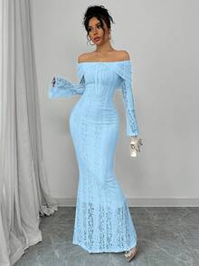 Rafferiza Vestido midi ajustado de Body con hombros descubiertos y encaje blanco para mujer - Celeste - Ver 4