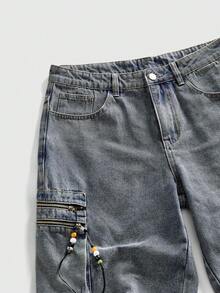 ROMWE MEN Men's Loose Fit Pocketed Zipper Design Wide Leg Casual Denim Shorts - Black - View 7