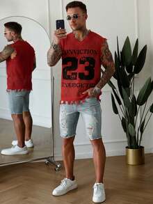 Manfinity LEGND Men's #23 Print Distressed Knit Tank Top Men Crochet Top Men Mesh Top Men Graphic Tank Top Men Red V-Neck Tank Top Men Distressed Tank Top Men Sleeveless Graphic Shirt - Burgundy - View 3