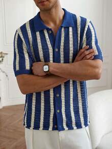 Manfinity CityGents Men's Striped Single-Breasted Casual Everyday Commute Knit Short Sleeve Top Mens Beach Shirt Mens Blue And White Shirt Men Crochet Shirt Cuban Shirt Men Knitted Men Shirt Men Blue And White Shirt - Multicolor - View 4