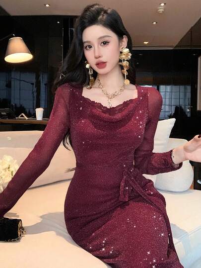 DAZY Damen Einfarbiges Kleid mit tiefem Ausschnitt, langem Arm, figurbetont, elegantes langes Abendkleid, Ballkleid, Valentinstag Maxikleid