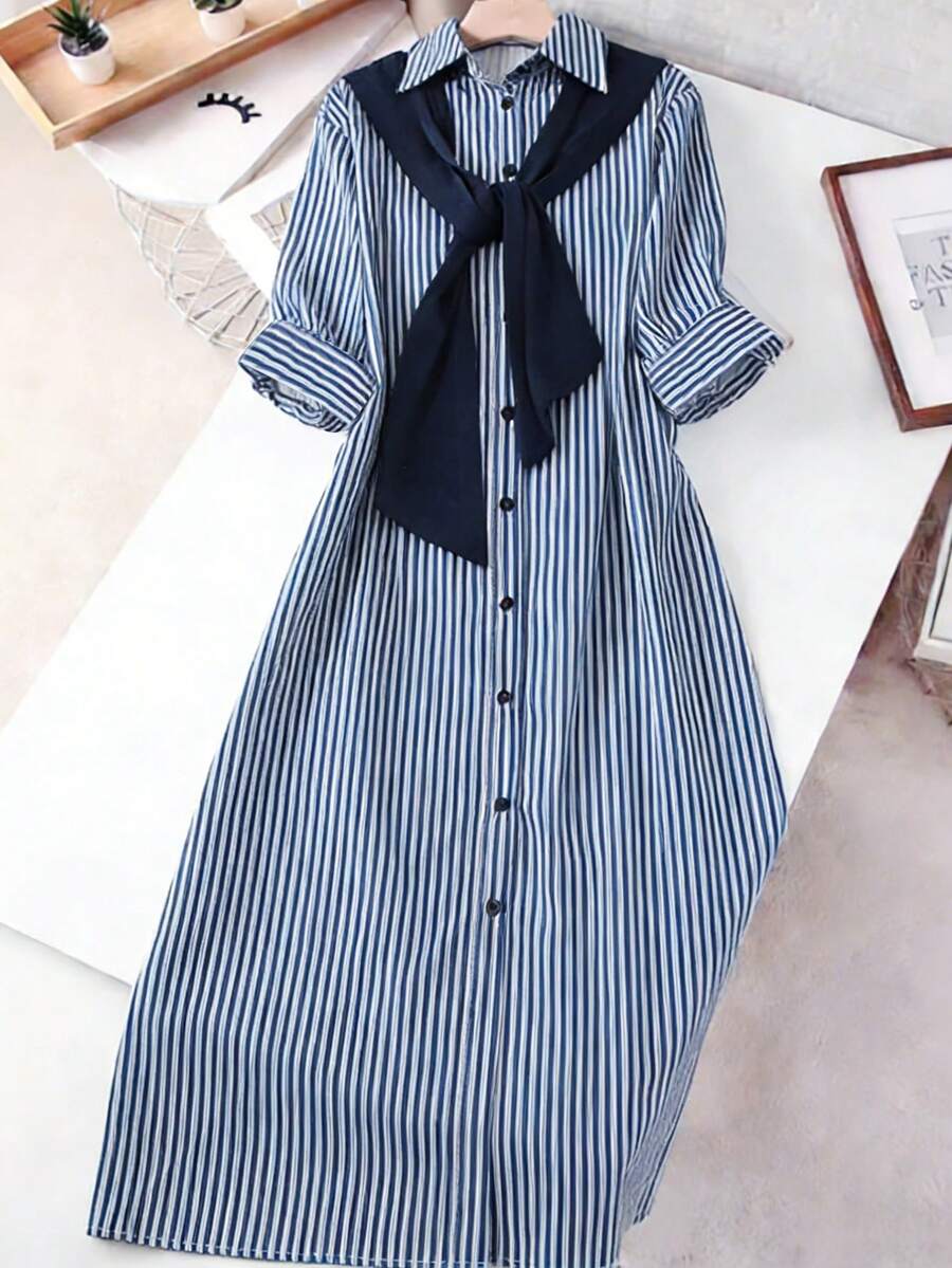Franclia 女士时尚新款蓝白竖条纹长袖衬衫裙，拼接二合一纽扣设计，宽松韩版休闲通勤百搭日常法式长裙 - 藍白色 - 查看 1