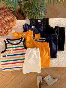 SHEIN 8件套男女宝宝纯色及撞色无袖针织背心短裤套装，春夏男宝宝服装，套装 - 彩色 - 查看 4