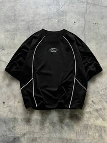 SUMWON Crew Neck Short Sleeve T Shirt With White Contrast Piping Detail And Logo Front Print Casual Tee