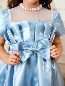 1pc Girls' Summer Blue Flower Girl Dress,Mesh Collar Short Sleeve Satin Puff Skirt With Bow Decor,Elegant Formal Party Birthday Performance Dress - Blue - View 5