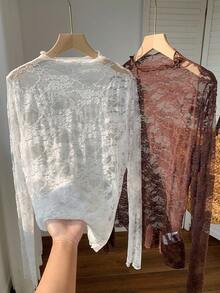 Comfortcana Women's Fashion Casual Knit Lace Mesh 2 Pieces Set Lace Long Sleeve Lace Tops Lace Blouse Lace Shirts Lace Undershirt Lace Jersey Lace Undershirt Long Sleeve - Brown - View 5