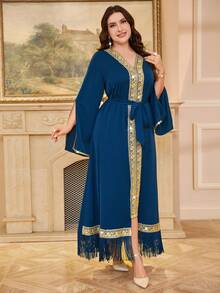 Reflora Plus Size V-Neck Cape Sleeve Vintage Elegant Dress, Sky Blue Autumn Modest Wedding Guest Bridesmaid Party Dresses, Women Arabian Turkish Luxury - Blue - View 7