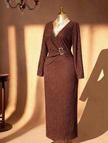 Rometta Plus Size Women Summer Elegant Brown Knitted Bodycon Dress,Autumn Long Sleeve V-Neck Metal Button Dinner Dress, Textured Twist Knot Split Design - Coffee Brown - View 8