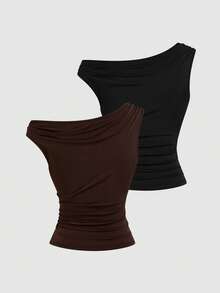 Sweetra 2pcs Women Asymmetric Fitted Casual Tank Top Set, Fashionable & Versatile, Spring/Summer - Multicolor - View 2