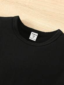 SHEIN 2件套男童休闲创意个性清新简约可爱数字67卡通闪电图案字母标语印花短袖T恤和短裤套装，舒适温暖的夏季款式，适合春夏季节，百搭套装 - 黑色 - 查看 8