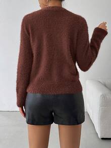 SHEIN Clasi 女士优雅串珠圆领毛衣，秋冬新年服装 - 鏽棕色 - 查看 2