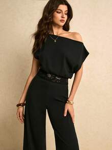 Poéselle 女士时尚蕾丝拼接不对称肩部连体裤 - 黑色 - 查看 1