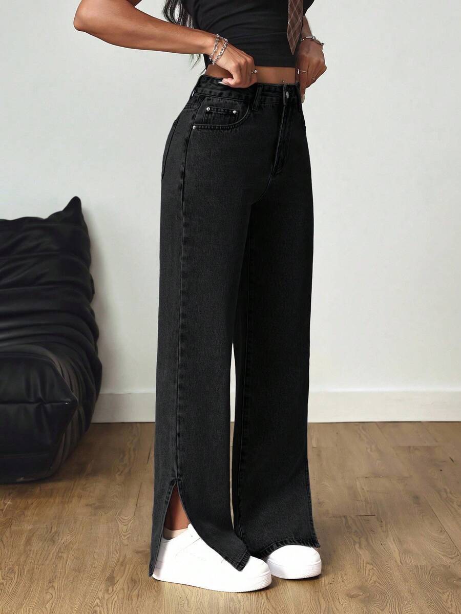 SHEIN Tall Women's Casual Versatile Commuting Washed Denim Jeans With Pockets And Button Design - Black - View 1
