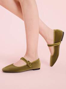 Zapatos Mary Jane Planos Azul Marino de Gamuza, Zapato Punta Redonda con Tira y Broche Decorativo para Oficina, Citas y Salidas Casual Moda Mujer - Verde - Ver 3