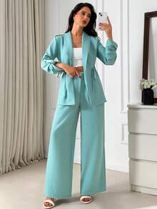 SHEIN Green Drawstring Waist Blazer & Pants Set – Chic Long Sleeve Two Pieces Fake Linen - Green - View 3