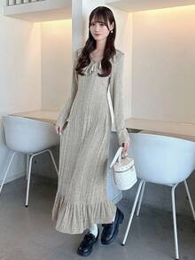 FRIFUL Women's Textured Fabric Ruffle Trim Long Fitted Dress Wedding Guest Dress - Apricot - View 4