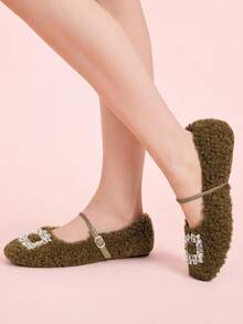 CUCCOO DOLLMOD Mocasines planos de felpa con decoración de strass ajustable para mujer, adecuados para el uso diario, otoño/invierno - Marrón - Ver 3