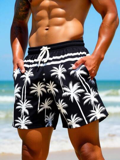 Manfinity Swimmode Men's Palm Tree Print Drawstring Waist Pocket Beach Shorts