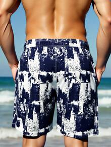 Manfinity Swimmode Quần short nam thời trang thường ngày, họa tiết hình học, có dây rút, thích hợp mặc đi biển. - Màu xanh lam - Xem 2