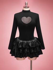 SHEIN ICON Áo kiểu dáng ôm sát, cổ tàu, tay dài, hình trái tim dành cho nữ cỡ lớn. - màu đen - Xem 6