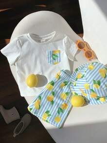 SHEIN 3件套幼儿男女宝宝可爱柠檬条纹短袖T恤、针织上衣、短裤和帽子套装，春夏男宝宝服装 - 藍色 - 查看 6