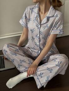 Dream Adore Set Piyama Lengan Pendek Berkerah Motif Garis-garis Manis dan Lucu untuk Wanita - Biru - View 4