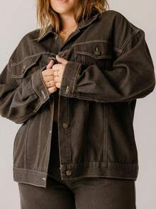 Aralina 大码休闲曲线经典纽扣牛仔夹克 - 巧克力棕 - 查看 8