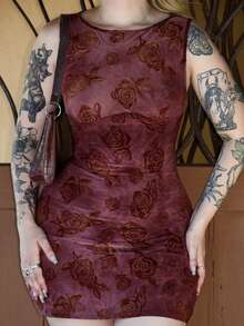 Arliah Women Floral Tie-Dye Print Round Neck Sleeveless Short Dress - Chocolate Brown - View 5