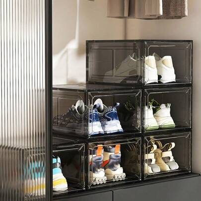 1个全硬质六面透明塑料防氧化收纳展示盒，透明鞋盒，家用运动鞋收藏收纳整理盒，四季鞋履收纳整理盒，运动鞋展示盒，可堆叠，耐用，轻便，易于组装，防尘保护，运动鞋收藏家收纳方案