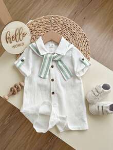 男女宝宝休闲学院风纯色短袖衬衫，条纹披肩领连体短裤，适合春夏穿着，室内外皆可。 - 彩色 - 查看 5