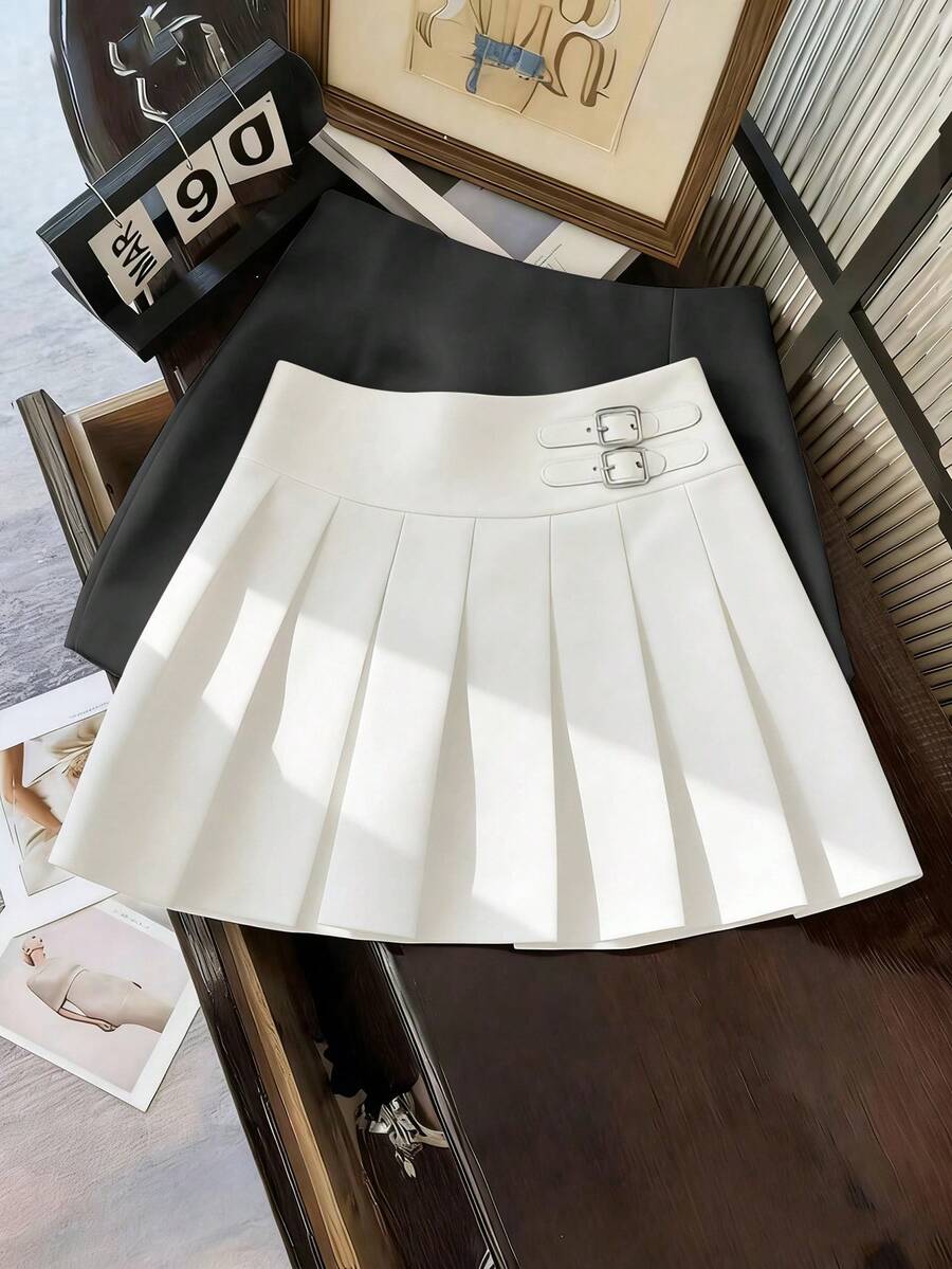 SHEIN Franclia Gonna vita alta da donna con fibbia decorativa, orlo plissettato, stile casual versatile, design alla moda - Bianco - Visualizzare 1