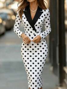 Franclia 女士波点拼接中长连衣裙，通勤连衣裙，办公室套装，职业装，修身铅笔裙，优雅连衣裙，黑白拼接连衣裙 - 黑與白 - 查看 1