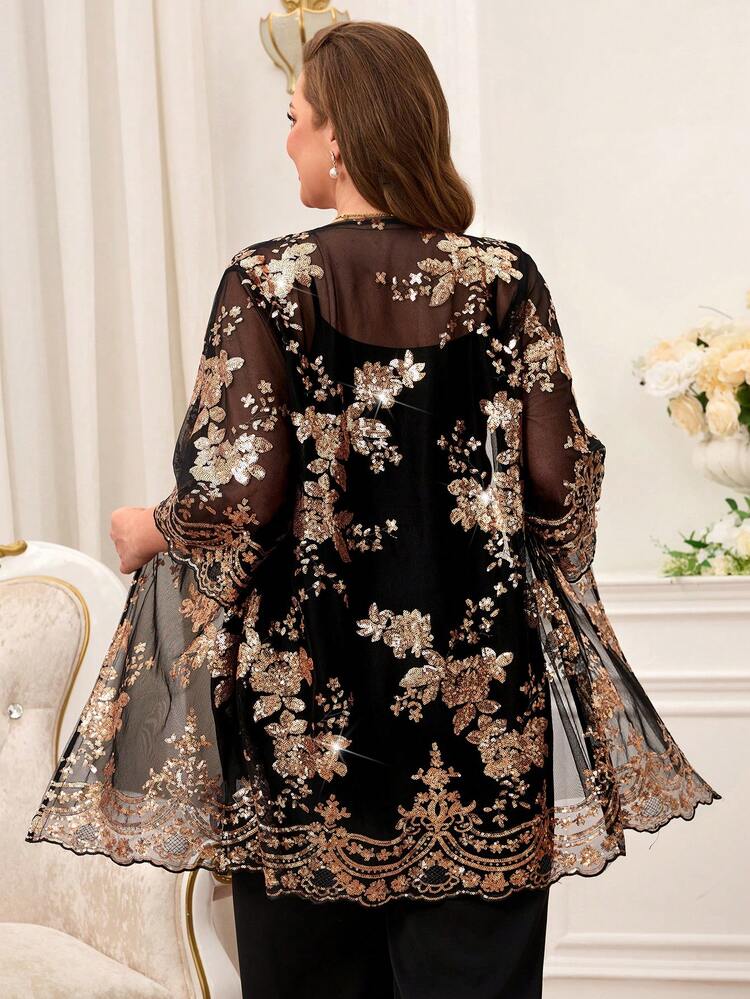 Abrigo elegante de boda con bordado de lentejuelas florales y mangas 3/4 para mujer talla grande, primavera