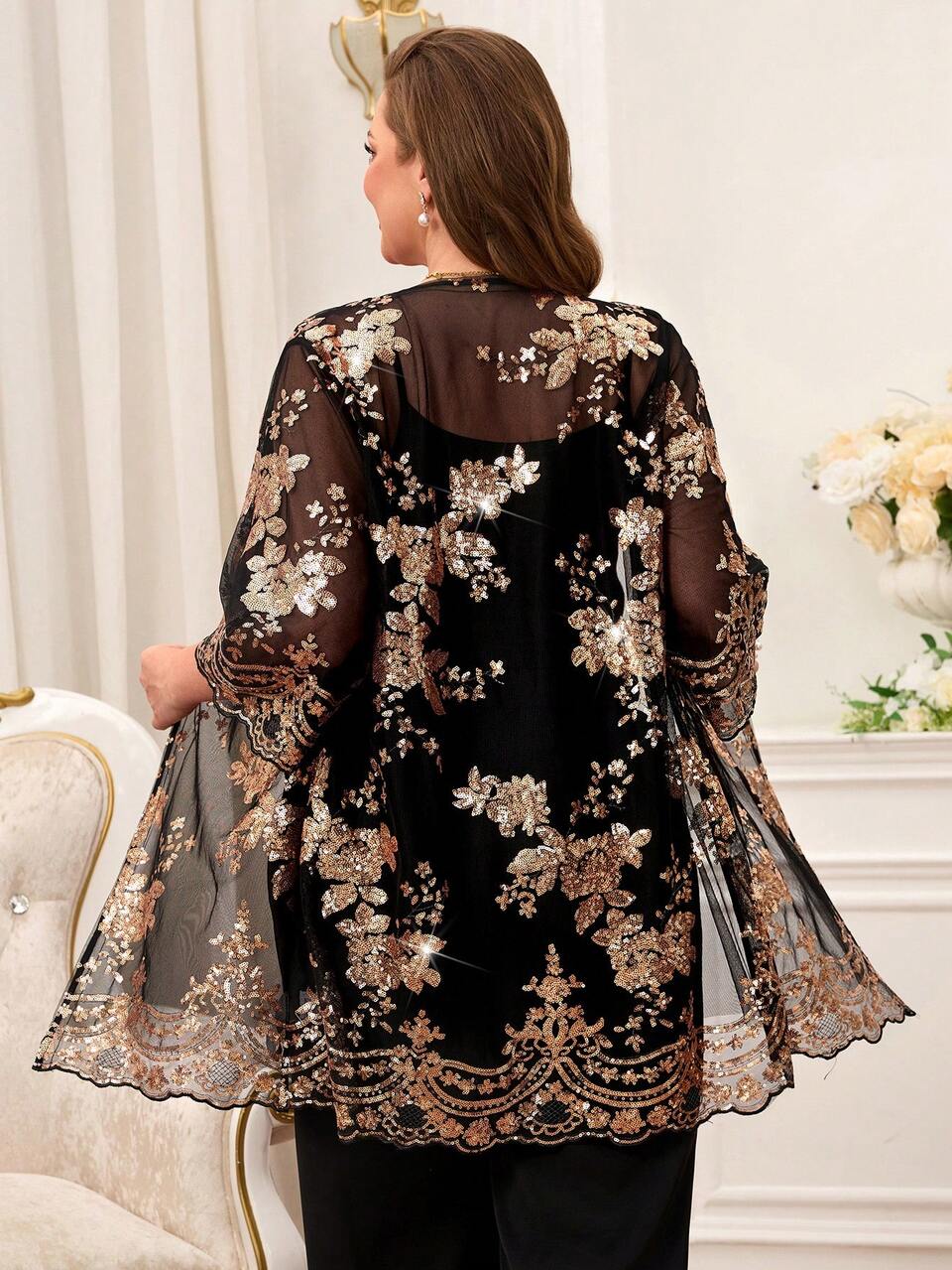 Plus Size Women Floral Sequin Embroidered 3/4 Sleeve Wedding Elegant Coat, Spring Women