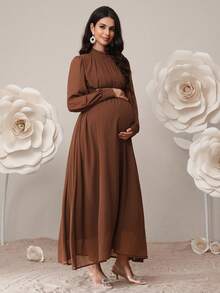 SHEIN 孕妇纯色立领长袖褶皱优雅连衣裙 - 咖啡棕 - 查看 4