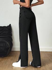 SHEIN Tall Women's Casual Versatile Commuting Washed Denim Jeans With Pockets And Button Design - Black - View 2