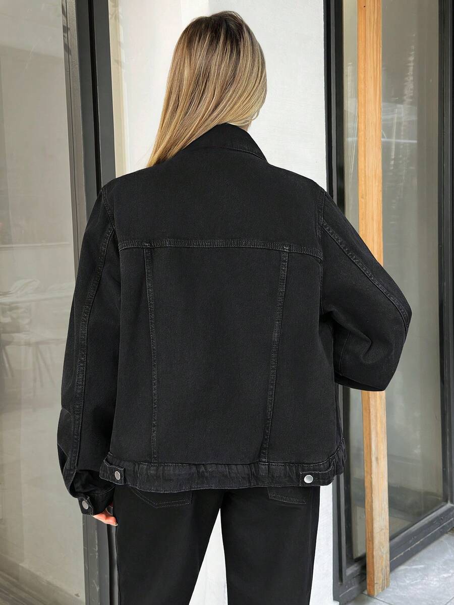 EURMUSE 宽松剪裁水洗落肩宽松牛仔夹克，百搭 - 黑色 - 查看 1