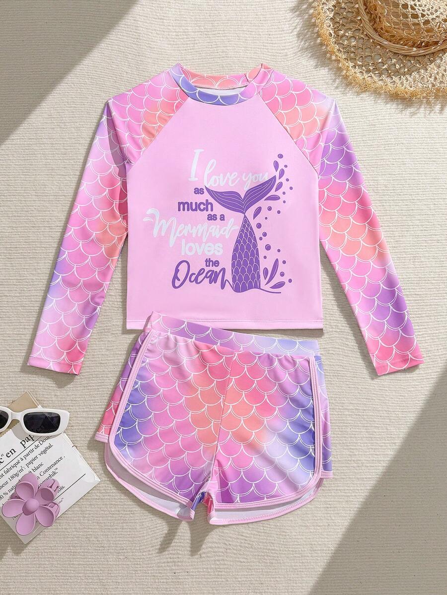 SHEIN Pink,Summer,Cute,Beach,Swim,Holiday Tween Girl Mermaid Fish Tail Print Long Sleeve Rash Guard Top And Shorts 2 Pieces Set Modest Bathing Suits,Youth