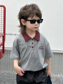 Dazy Kids Young Boy Casual Contrast Collar Letter Embroidery Short Sleeve T-Shirt, Summer