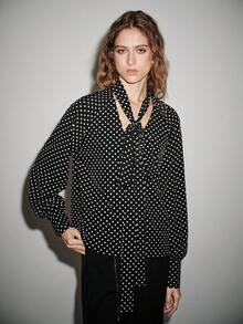 Lumivelle 女士优雅通勤系带V领长袖纽扣波点衬衫 - 黑色 - 查看 3