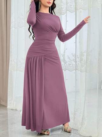 Feyla Vestido largo de fiesta elegante de mujer con cuello redondo, plisado y cintura ceñida de unicolor