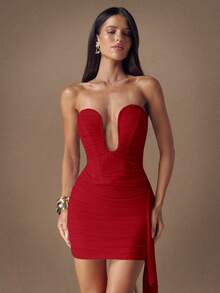 SHEIN BAE Vestido elegante de malla con escote en U, drapeado asimétrico y volantes, sin tirantes, en color albaricoque, adecuado para cóctel, cita romántica, fiesta, evento formal, dama de honor, vestido de noche, Halloween, Navidad