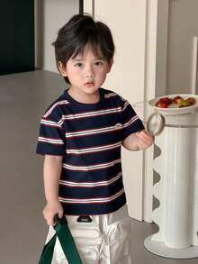 DAZY Toddler Boys' Casual Striped Round Neck Short Sleeve Top, Summer - Navy Blue - View 8