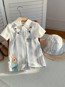 SHEIN Bộ 2 món cho bé sơ sinh, áo liền quần kẻ sọc họa tiết thỏ, kèm mũ, thích hợp cho kỳ nghỉ hè. - Nhiều màu - Xem 6